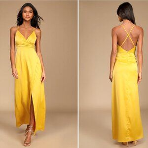 Lulus Mustard Yellow Satin Floor Length Dress